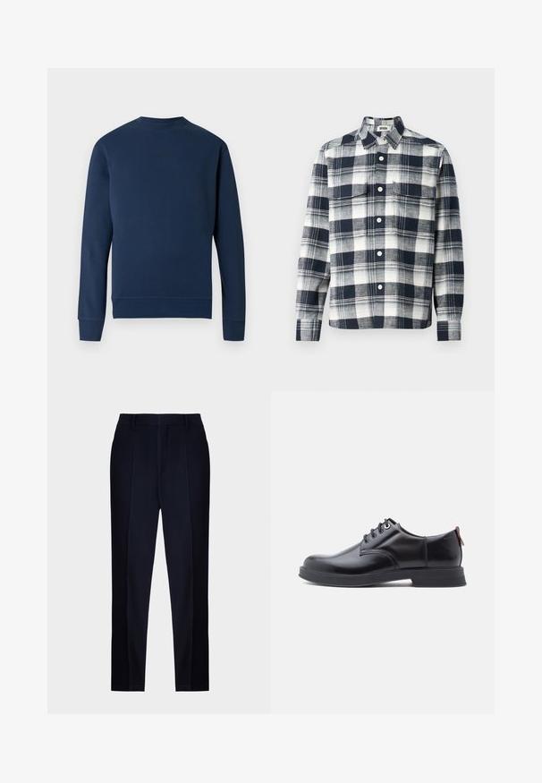 Marineblauer Pullover mit rundem Ausschnitt, gerippten Bündchen und Saum. Verfügt über ein dezentes Logo auf der Brust in passender Farbe. Glatte Stoffstruktur.; Karierte Hemd aus Stoff in Marineblau und Weiß. Mit button-down Kragen, Brusttasche und langen Ärmeln.; Navyblaue maßgeschneiderte Hose mit einer glatten Textur, flachem Bund, Gürtelschlaufen und einem schlanken, schmal zulaufenden Bein.; Schwarze Leder-Schnürschuhe mit glatter Textur, rundem Zehenbereich und dezenten Ziernähten. Mit einem roten Laschenband an der Ferse.