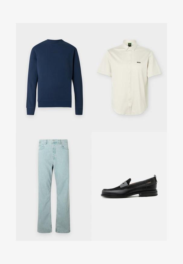 Marineblauer Pullover mit rundem Ausschnitt, gerippten Bündchen und Saum. Verfügt über ein dezentes Logo auf der Brust in passender Farbe. Glatte Stoffstruktur.; Weißes Kurzarmhemd mit durchgehender Knopfleiste, umklappbarem Kragen, schwarzem "BOSS"-Logo auf der Brust und grünem Etikett am inneren Kragen.; Hellblaue Jeans aus Denim mit geradem Schnitt, fünf Taschen und einem einzigen Knopfverschluss. Abgerundet mit dezenten Steppdetails.; Schwarzer Lederloafer mit grauem Riemendetail, niedrigem Absatz und strukturierter Sohle, seitlich mit „HUGO“ in Gold gebrandmarkt.