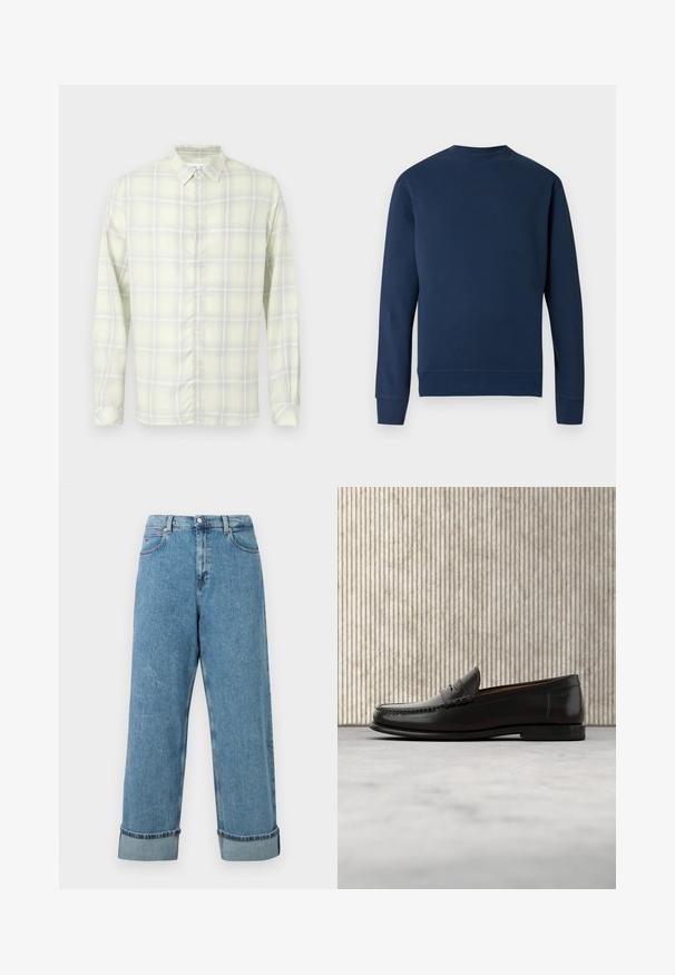 Mørkeblå sweatshirt med rund hals, ribstrikkede manchetter og kant. Har et diskret logo på brystet i matchende farve. Glat stofstruktur.; Lysegul ternet langærmet skjorte med knapper og krave, vist fladt mod en hvid baggrund.; Højtaljede blå denim jeans med bredde ben og optrillede bukseender, der har forlommer og bæltestropper.; Sort læder penny loafer med lav hæl, rundet tå og syningsdetaljer langs fronten og siderne, vist på neutral baggrund.