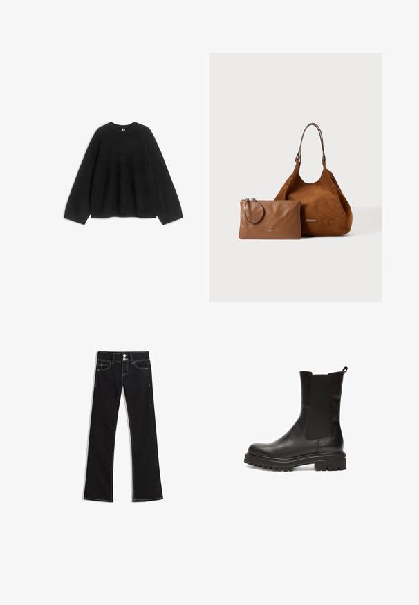 Sort strikket sweater, rund halsudskæring, lange ærmer, løs pasform, blød tekstur, ingen synlige mønstre eller detaljer. Velegnet til hverdag.; Sorte denim flare jeans med knaplukning, to forlommer og kontrasterende hvide sømme.; Sorte læderankelstøvler med elastiske sidepaneler, afrundet tå og en tyk, tekstureret gummisål med dybe riller for ekstra greb.; Brun ruskind skuldertaske med en matchende glat læder lynlåspung, begge stående på en ensartet lys baggrund.