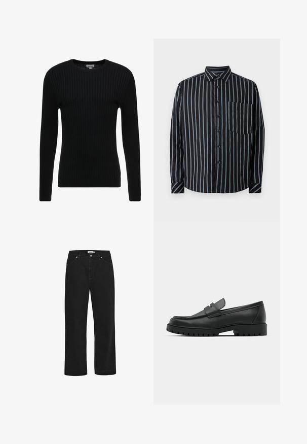 Suéter negro de manga larga con cuello redondo; tejido texturizado que presenta líneas verticales; silueta ajustada; sin adornos o acentos visibles.; Camisa negra de botones con rayas verticales azules, mangas largas, cuello y un bolsillo en el pecho. Tela suave, corte relajado, botones estándar.; Vaqueros de mezclilla negra con corte recto, diseño de cinco bolsillos, detalles en hardware de cobre y una cinta de cintura resistente. Textura suave, estilo sin adornos.; Mocasines de cuero negro con punta redonda, que cuentan con un diseño cosido, suela de plataforma baja y una suela de goma texturada y con tacos.