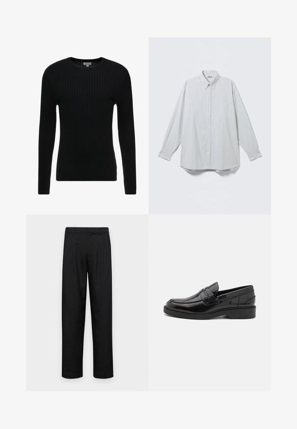 Pull noir à manches longues en côte avec un col rond ; le tissu texturé présente des lignes verticales ; silhouette ajustée ; sans embellissements ni accents visibles.; Chemise blanche à manches longues boutonnée avec fines rayures noires verticales et poche poitrine, présentée à plat sur un fond clair.; Pantalons noirs en tissu lisse, avec une coupe droite, deux plis avant et une taille standard avec passants de ceinture.; Mocassins en cuir noir avec une finition lisse, un bout rond, un petit talon et descoutures décoratives à l'avant. Semelle en caoutchouc pour l'adhérence.