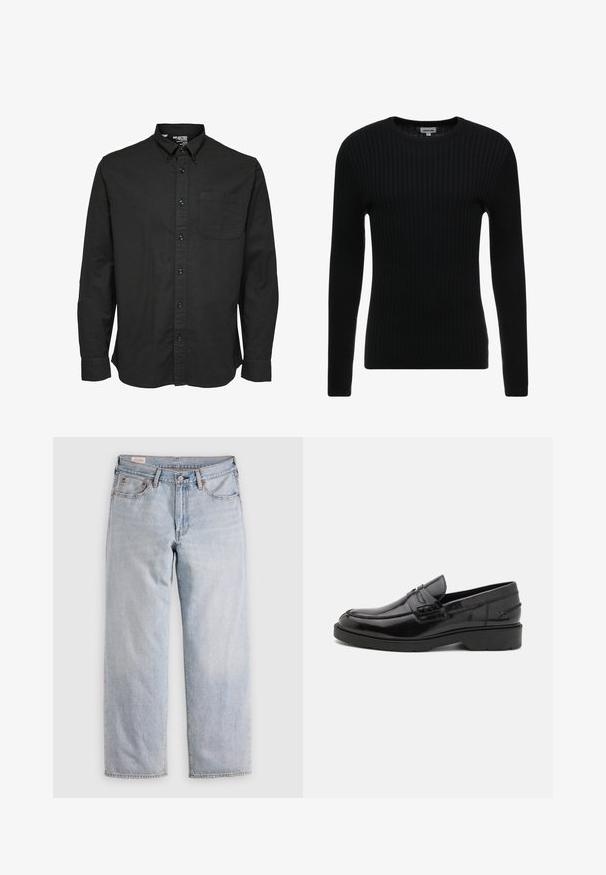 Sort ribbet langærmet sweater med rund hals; struktureret stof med lodrette linjer; tætsiddende silhuet; ingen synlige udsmykninger eller detaljer.; Sort langærmet skjorte med knapper i bomuldsstof, med standard krave, brystlomme og matchende sorte knapper.; Lyseblå lige ben jeans med høj talje, knaplukning samt for- og baglommer, præsenteret på en flad overflade.; Sorte læder loafers med en glat finish, rund tå, lav hæl og dekorativ syning langs forsiden. Gummisål for godt greb.