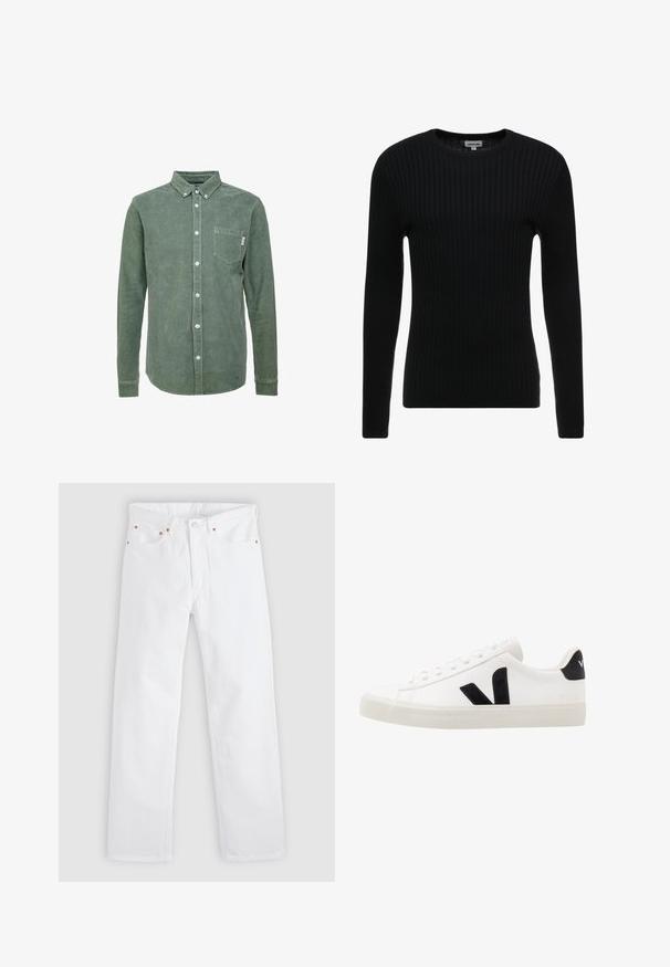 Pull noir à manches longues en côte avec un col rond ; le tissu texturé présente des lignes verticales ; silhouette ajustée ; sans embellissements ni accents visibles.; Chemise en velours côtelé vert avec un col boutonné, des manches longues, une poche sur la poitrine gauche et des boutons blancs. Finition texturée.; Jean blanc à jambes droites avec conception à cinq poches, fermeture par bouton et fermeture éclair, et détails en rivets de cuivre sur les poches.; Sneaker blanche en cuir avec des accents en daim noir ; dispose d'une semelle en caoutchouc, d'un bout rond et d'un design classique à lacets. Logo latéral en noir.