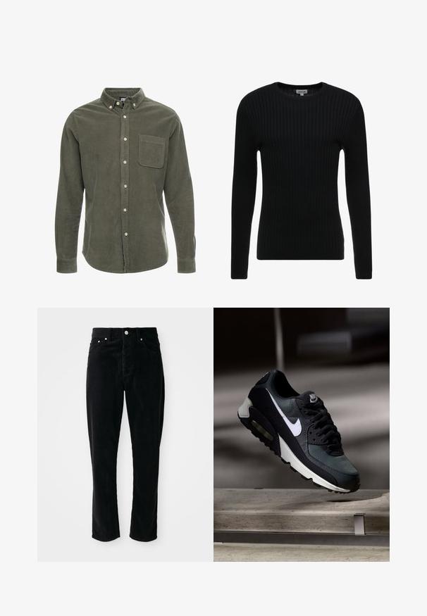 Sort ribbet langærmet sweater med rund hals; struktureret stof med lodrette linjer; tætsiddende silhuet; ingen synlige udsmykninger eller detaljer.; Olivengrøn kordfløjlsskjorte med lange ærmer, knap-ned krave, frontlomme og frontknaplukning. Struktureret stof med lodrette striber.; Sorte fløjlsprede bukser med høj talje, lige ben, fem lommer og sølvhardware, der har et struktureret ribbet mønster over det hele.; Sort og grå Nike Air Max sneaker med hvid swoosh, ophængt over en betongulv mod en sløret mørk baggrund.