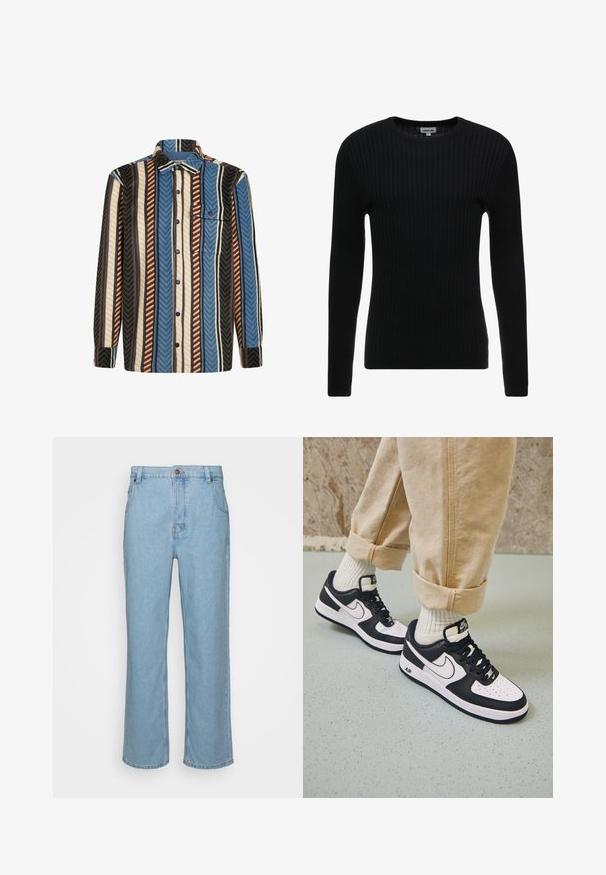 Sort ribbet langærmet sweater med rund hals; struktureret stof med lodrette linjer; tætsiddende silhuet; ingen synlige udsmykninger eller detaljer.; Langærmet skjorte med knaplukning i lodrette striber i blå, brun, hvid og sort, med en brystlomme foran med knapklap.; Lysblå denim jeans med lige ben design, der har knaplukning, bæltestropper og to forlommer.; Sorte og hvide Nike Air Force 1 sneakers med læderoverdel, perforeret tå og tekstureret såldetalje, båret med rullede beige bukser og hvide sokker.