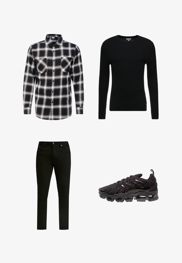 Sort ribbet langærmet sweater med rund hals; struktureret stof med lodrette linjer; tætsiddende silhuet; ingen synlige udsmykninger eller detaljer.; Langærmet ternet skjorte i sort, hvid og brun. Har en krave med knaplukning og to brystlommer med knaplukning.; Sorte denim jeans med slim fit, med et klassisk fem-lomme design, metalknap lukning og diskrete syninger.; Sorte atletiksko med et tekstureret stofoverdel, metalliske detaljer og en markant luftfyldt sål. Har distinkte bølge-lignende designelementer.