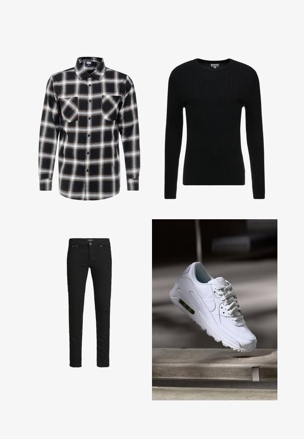 Sort ribbet langærmet sweater med rund hals; struktureret stof med lodrette linjer; tætsiddende silhuet; ingen synlige udsmykninger eller detaljer.; Langærmet ternet skjorte i sort, hvid og brun. Har en krave med knaplukning og to brystlommer med knaplukning.; Slim-fit sorte jeans med fem lommer, knaplukning og bæltestropper, mærket Jack & Jones.; Hvide lædersneakers med teksturerede overflader, polstret krave og synlig luftpolstring i sålen. Har snørrebånd og et minimalistisk design.