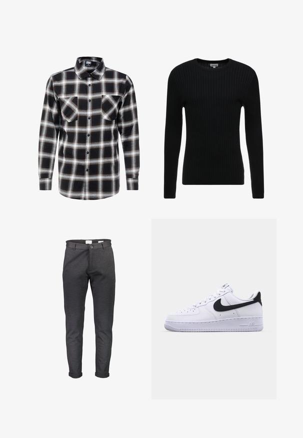 Sort ribbet langærmet sweater med rund hals; struktureret stof med lodrette linjer; tætsiddende silhuet; ingen synlige udsmykninger eller detaljer.; Langærmet ternet skjorte i sort, hvid og brun. Har en krave med knaplukning og to brystlommer med knaplukning.; Smaltsiddende, mørkegrå bukser lavet af blødt stof, med knaplukning, bæltestropper og op-rullede manchetter. Glat tekstur uden mønstre.; Hvide lædersneakers med en struktureret sort Swoosh, flade snørebånd og en gummisål med et rillemønster. "AIR" er præget på hælen.