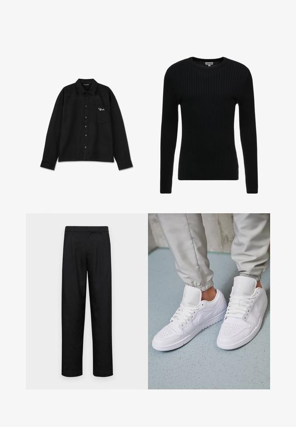 Sort ribbet langærmet sweater med rund hals; struktureret stof med lodrette linjer; tætsiddende silhuet; ingen synlige udsmykninger eller detaljer.; Sort langærmet skjorte lavet af stof, med krave, knap-lukning foran, enkelt brystlomme og broderet logo i hvid på lommen.; Sorte bukser lavet af glat stof, med et lige ben-design, to frontfolder og en standard talje med bæltestropper.; Hvide lædersneakers har en perforeret tåboks, flade snørebånd, polstret krave og Jordan-logoet på tungen. Båret med grå joggers.