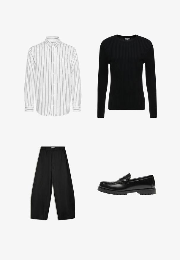 Zwarte geribbelde lange mouwen trui met een ronde hals; gestructureerde stof met verticale lijnen; slim fit silhouet; geen zichtbare versieringen of accenten.; Witte overhemd met lange mouwen, zwarte verticale strepen, knoopsluiting kraag, enkele borstzak en contrasterende gestreepte manchetten.; Zwarte broek met wijde pijpen, hoge taille, knoopsluiting en plooien aan de voorkant, getoond op een witte achtergrond.; Zwarte leren loafer met een dikke rubberen zool en klassieke penny-strap details, gezien vanaf de buitenkant.