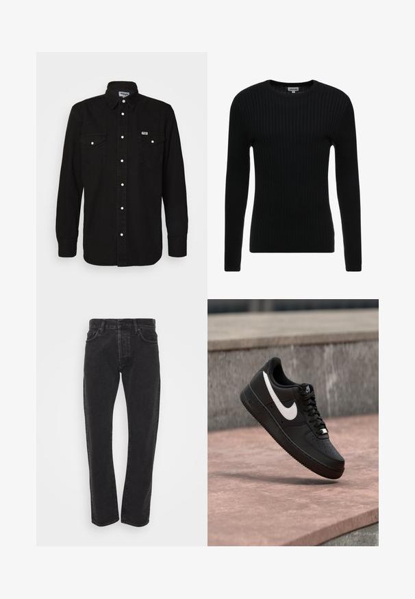 Pull noir à manches longues en côte avec un col rond ; le tissu texturé présente des lignes verticales ; silhouette ajustée ; sans embellissements ni accents visibles.; Chemise noire à manches longues avec col pointu, deux poches poitrine, boutons-pression blancs et tissu texturé. Logo Wrangler sur la poitrine gauche.; Jean en denim noir pour homme, coupe droite avec bouton et fermeture éclair à l'avant, cinq poches et passants de ceinture sur fond blanc.; Basket Nike Air Force 1 noire avec logo swoosh blanc flottant au-dessus d'une surface en pierre et d'un mur texturé gris en arrière-plan.
