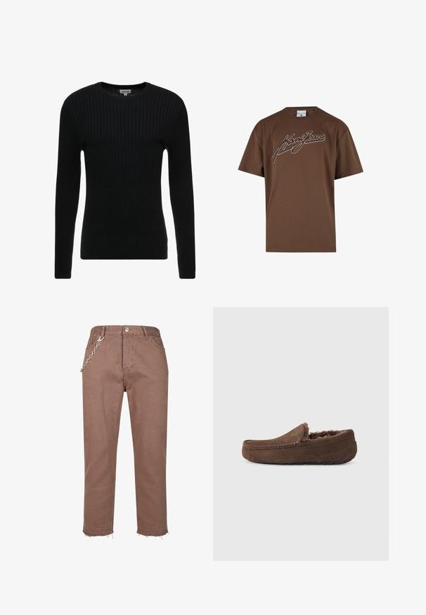 Schwarzer gerippter Langarmpullover mit Rundhalsausschnitt; texturiertes Gewebe mit vertikalen Streifen; figurbetonte Silhouette; keine sichtbaren Verzierungen oder Akzente.; Braunes Kurzarm-T-Shirt mit der Aufschrift "Kani Jeans" in großer weißer Schrift quer über die Brust, dargestellt auf einem schlichten Hintergrund.; Braune Denim-Hosen mit geradem Bein, ausgestattet mit fransigen Säumen und einem silbernen Kettenakzent, der an dem Bund befestigt ist.; Braune Wildlederschuhe mit einem weichen, flauschigen Innenfutter, niedrigem Profil und Steppnähten entlang der Kanten. Keine sichtbaren Marken oder Akzente.