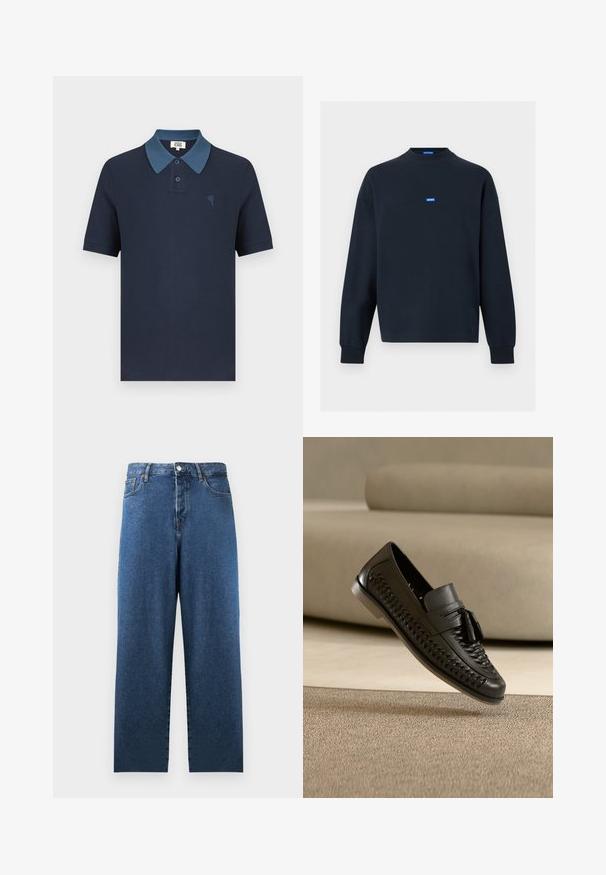 Donker marineblauwe sweatshirt met lange mouwen, ronde hals, geribde boorden en klein blauw rechthoekig "HUGO" logo in het midden van de borst.; Marineblauw poloshirt met een contrasterende blauwe kraag, korte mouwen, gestructureerde stof en een klein geborduurd hartontwerp op de borst.; Blauwe spijkerbroeken met een rechte pasvorm, hoge taille en twee voorkruiszakken. Kenmerkt klassieke stikdetails en een knoopsluiting.; Zwarte leren gevlochten loafer met kwastjes, met de zool omhoog gericht op een beige tapijt voor een beige bankenachtergrond.