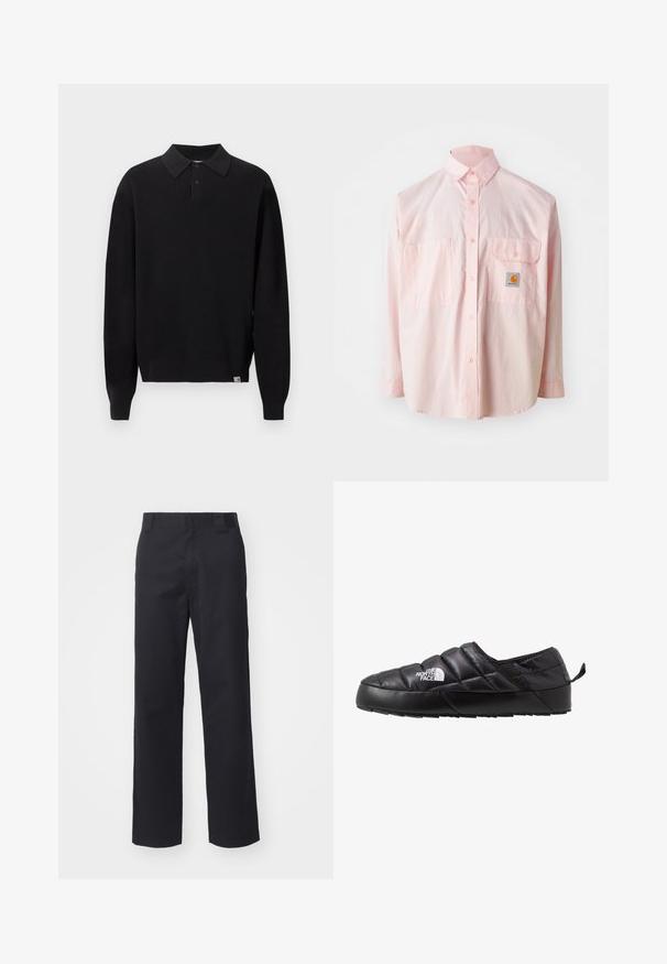 Jersey polo de punto negro de manga larga con cuello abotonado y puños y dobladillo acanalados, exhibido sobre un fondo liso y claro.; Camisa de botones rosa claro con dos bolsillos en el pecho y una etiqueta de logo. Hecha de algodón, con cuello clásico y mangas largas.; Pantalones rectos negros hechos de una mezcla de algodón. Cuentan con una cintura plana con presillas para cinturón y sin hardware o adornos visibles.; Zapato negro de tipo slip-on con un diseño acolchado, hecho de material acolchado. Presenta una suela de goma texturizada y una pequeña lengüeta en la parte trasera.