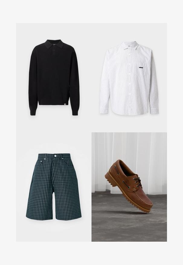 Pull polo noir à manches longues en maille, avec col boutonné et poignets et ourlet côtelés, présenté sur un fond clair uni.; Chemise blanche à manches longues boutonnée, avec fines rayures verticales grises, col, poche poitrine et petit logo noir "obey" sur la poche.; Shorts à carreaux en bleu marine foncé avec un motif en grille blanche. Fabriqués en tissu tissé, dotés d'une taille mi-haute et de poches avant.; Chaussure de bateau en cuir marron avec des lacets noirs, des coutures beiges et une semelle robuste, suspendue au-dessus d'un sol en béton gris.