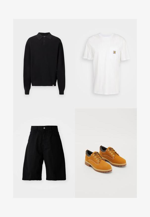 Pull polo noir à manches longues en maille, avec col boutonné et poignets et ourlet côtelés, présenté sur un fond clair uni.; T-shirt en coton blanc à manches courtes, avec une poche poitrine et un petit patch logo carré en orange et blanc sur la poche.; Shorts en coton noir avec une coupe décontractée, deux poches latérales, une fermeture à bouton et des bords nets, adaptés pour un usage décontracté.; Chaussures en daim marron avec un bout rond, des lacets jaunes, un col rembourré noir et des semelles en caoutchouc avec des rainures de traction.