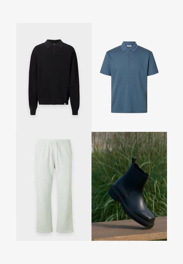 Zwarte gebreide polotrui met lange mouwen, knoopsluiting aan de kraag en geribbelde manchetten en zoom, weergegeven op een effen lichte achtergrond.; Blauw geribd poloshirt met korte mouwen, een ritssluiting aan de voorkant en een gestructureerde kraag en mouwboorden, weergegeven op een witte achtergrond.; Lichtgrijze trainingsbroek met een elastische tailleband, trekkoord en rechte pijpen. Zachte stof met een subtiele textuur en zonder patronen.; Zwarte leren Chelsea-boot met elastische zijkanten, ronde neus, lage hak en een lussen achteraan, tegen een vage groene achtergrond.