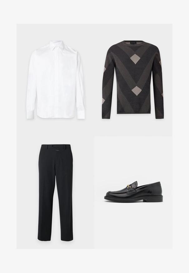 Pull à manches longues gris foncé avec motif géométrique en V et accents en forme de diamants dans des tons gris plus clairs.; Chemise blanche à manches longues avec col pointu et poignets boutonnés, posée à plat sur un fond clair.; Pantalon noir à coupe droite, en tissu lisse. Il présente une fermeture à bouton à l'avant et des détails de couture subtils. Conception simple sans motifs.; Mocassins en cuir noir avec un embout rond, présentant des accents en métal doré et des détails de couture, montés sur une semelle en caoutchouc texturé et basse.