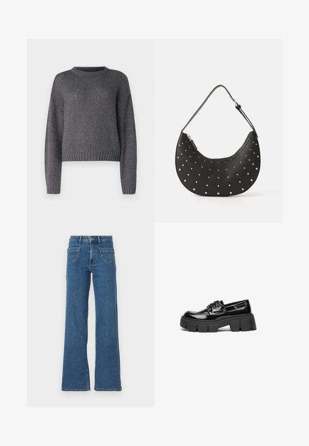 Grijze gebreide trui met een ronde halslijn, lange mouwen en een geribbelde zoom. Heeft een getextureerde, iets losse breiwerk door het gehele kledingstuk.; Blauwe denim wijde jeans met een hoge taille, vijf zakken, sluiting met een knop aan de voorkant en een licht vervaagde afwerking. Gestikte zomen en naden zijn zichtbaar.; Zwarte gepatineerde leren instappers met een chunky zwart plateauzool en decoratieve oogjes. Gladde textuur met ronde neus en vetersluiting.; Zwarte leren handtas met een gebogen vorm, versierd met zilveren studs, voorzien van een ritssluiting en een enkele verstelbare schouderband.