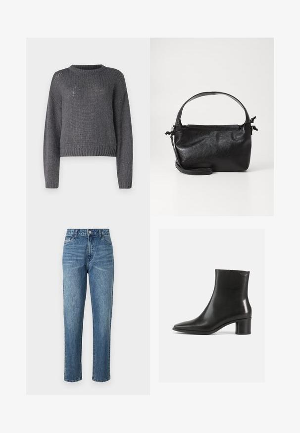 Grauer Strickpullover mit Rundhalsausschnitt, langen Ärmeln und geripptem Saum. Hat eine strukturierte, leicht lockere Maschenware.; Blaue Denim-Jeans mit geradem Bein, fünf Taschen und einer vorderen Knopfverschluss. Helle Waschung mit subtilen Auswaschungen und einer strukturierten Oberfläche.; Schwarzer Stiefelette aus Leder mit spitzer Zehenpartie und mittelhohem Blockabsatz. Glatte Textur und minimalistisches Design. Keine sichtbaren Metallteile.; Schwarze Lederhandtasche mit strukturiertem Design, rundem Haltegriff und abnehmbarem Schulterriemen. Sie weist eine glatte Oberfläche und einen subtilen Glanz auf.