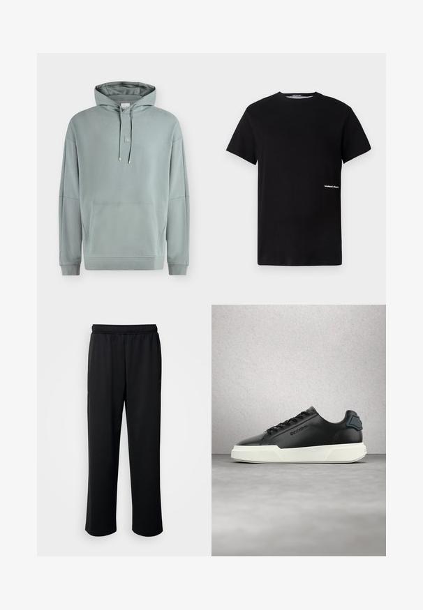 Lichtgroene pullover hoodie met voorvak kangoeroezak, trekkoord kap, geribde boorden en klein centraal logo onder de halslijn.; Zwarte katoenen t-shirt met een ronde halslijn en korte mouwen, voorzien van het 'weekend offender' logo in het wit geborduurd aan de zijkant.; Zwarte sportbroek van zachte, ademende stof. Beschikt over een elastische tailleband en rechte pijpen zonder opvallende accenten of patronen.; Zwarte lederen sneaker met witte zool, zwarte veters en geperst merklogo, zwevend boven een grijze vloer met achtergrond van glasblokken.