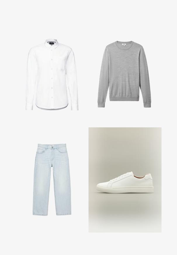 Lys grå crewneck sweater lavet af blødt stof. Har lange ærmer og ribbede manchetter og kant. Enkel, struktureret design uden mønstre.; Hvid langærmet skjorte lavet af bomuld, med krave der lukkes med knapper, forlommer og afrundet kant med knapmanchetter.; Lyseblå, høj talje, straight-leg jeans med forlommer, bæltestropper og knaplukning ved taljen.; Hvid lavt snøresko med snørelukning og flad sål, vist fra siden på en neutral baggrund.