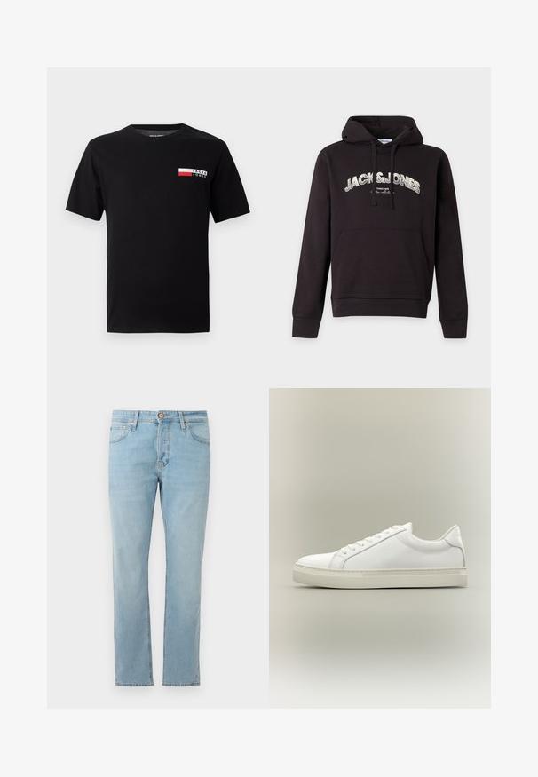 Schwarzer Hoodie mit Fronttasche und Kordeln, mit großem weißem "JACK & JONES" Text auf der Brust.; Schwarzes Baumwoll-T-Shirt mit einem kleinen Logodesign und einem rechteckigen Farbbereich in Rot und Weiß im linken Brustbereich.; Hellblaue Jeans aus Denim mit geradem Schnitt, fünf Taschen und einem Knopfverschluss an der Taille, flach auf einem weißen Hintergrund ausgelegt.; Weißer Sneaker mit niedrigem Schaft, vorn mit Schnürung und dicker Sohle, aus der Seitenansicht vor neutralem Hintergrund.