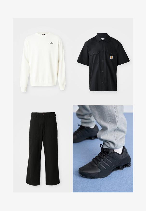 Suéter de punto blanco de manga larga con cuello redondo y pequeño logo negro de Dickies en la parte superior izquierda del pecho.; Camisa negra de manga corta hecha de tejido entrelazado, con cierre de botones en la parte delantera, dos bolsillos en el pecho y un pequeño parche de logo naranja.; Pantalones de pierna ancha en color negro, fabricados en un tejido suave, con bolsillos frontales y cierre de botón en la cintura. Diseño minimalista sin patrones visibles.; Persona vestida con zapatillas Nike Shox negras y pantalones de chándal grises, de pie sobre una alfombra azul claro.
