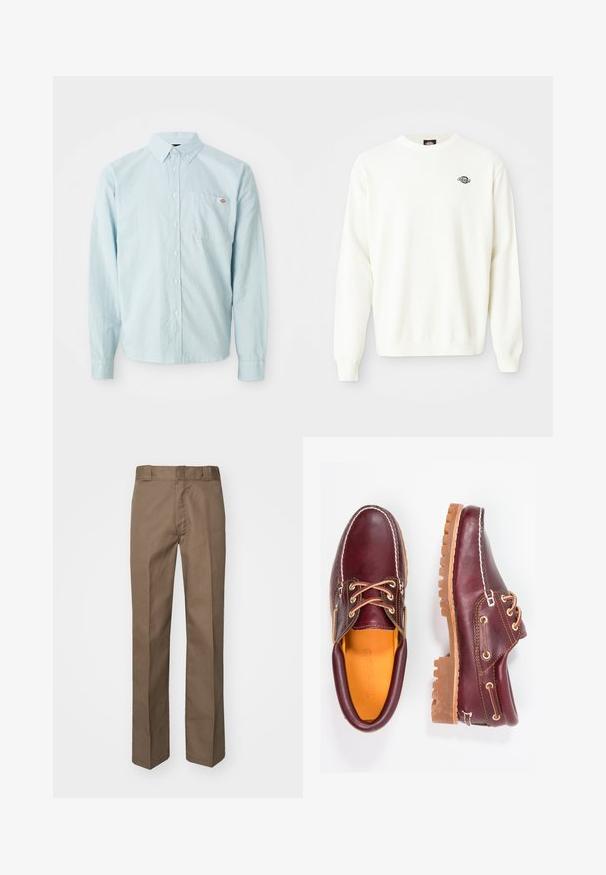 Witte lange mouw gebreide trui met ronde hals en klein zwart Dickies-logo op de bovenkant van de linkerborst.; Lichtblauw overhemd met lange mouwen en knoopsluiting, met een geknoopte kraag en borstzak die voorzien is van een klein rood-wit logo patch.; Brown trousers met een vlakke voorkant, rechte pijpen en een klassieke tailleband. Gemaakt van duurzame stof, zonder zichtbare patronen of versieringen.; Bordeaux leren schoenen met bruine rubberen zolen, ronde neus, witte stiksels en gouden veterogen. Het interieur heeft een gele voering.