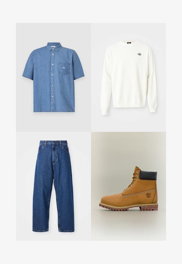 Biely pletený sveter s dlhým rukávom a okrúhlym výstrihom, na ľavej hornej strane hrude sa nachádza malé čierne logo Dickies.; Krátky rukáv modrá denimová košeľa s gombíkovým zapínaním, golierom a ľavým prsným vreckom s vyšitým logom. Mäkkký materiál, voľný strih.; Džínsy s širokými nohavicami v tmavomodrej farbe. Majú vysoký pás, vypchávky na opasok a klasický dizajn s piatimi vreckami. Šitý lem s čistým zakončením.; Hnedá kožená členková členková obuv s čiernym golierom, žltými šnúrkami a béžovou podrážkou. Má logo a biele prešívanie. Hrubá podrážka s dobrým záberom.