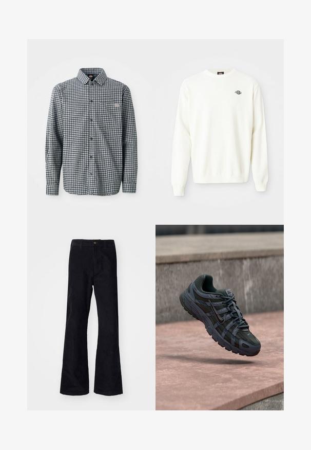 Valge pikade varrukatega kootud sviiter ümmarguse kaelusega ja väikese musta Dickies logo vasakul rinnal.; Pikend varrukatega must-valge ruuduline nööpidega särk krae ja väikese logoga plaastri küljepokkil.; Mustad mustad flared püksid traditsioonilise vöökoha, ühe esiknappi ja taskutega külgedel ja taga. Sile tekstuur.; Tumehall Nike jooksujalats võrgust ja sünteetilisest materjalist disainiga, hõljumas roosaka betoonpinna kohal halli kivitausta taustal.