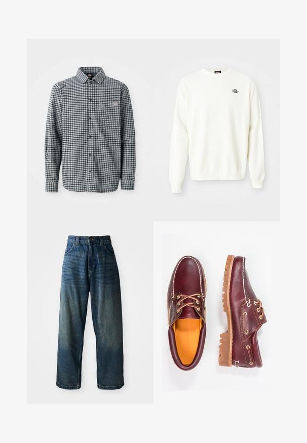 Pull en maille blanc à manches longues avec col ras du cou et petit logo noir Dickies sur le haut à gauche de la poitrine.; Chemise à manches longues à carreaux noir et blanc, avec col et petite patch logo sur la poche poitrine gauche.; Jean en denim bleu taille large avec une finition délavée. Comprend cinq poches, une fermeture à bouton et des coutures contrastées. Tissu de poids lourd.; Chaussures en cuir bourgogne avec semelles en caoutchouc marron, bout rond, couture blanche et œillets dorés. L'intérieur présente une doublure jaune.