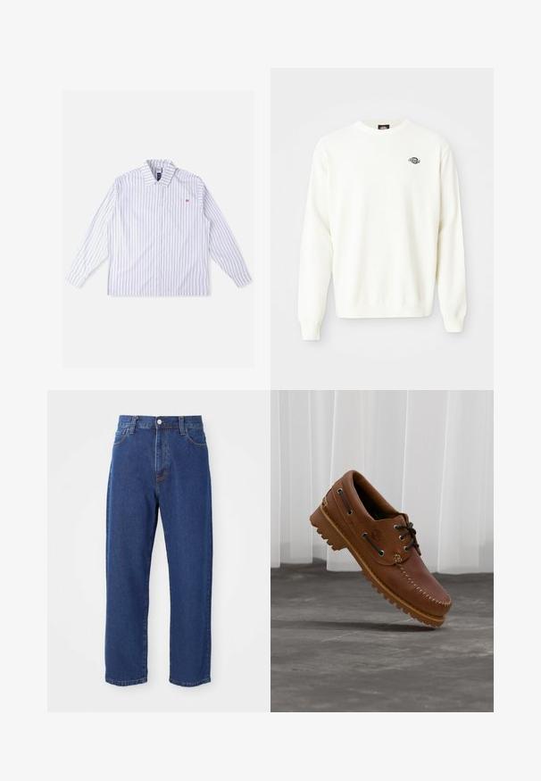 Suéter de punto blanco de manga larga con cuello redondo y pequeño logo negro de Dickies en la parte superior izquierda del pecho.; Camisa blanca de manga larga con rayas verticales azules, cierre de botones en la parte delantera, cuello, bolsillo en el pecho izquierdo y detalle de logo rojo. Tela suave y tejida.; Vaqueros de tiro alto de algodón, con una silueta de pierna recta, costuras visibles y un cierre de botón en la parte delantera.; Zapato náutico de cuero marrón con cordones negros, costuras beige y una suela resistente, suspendido sobre un suelo de hormigón gris.