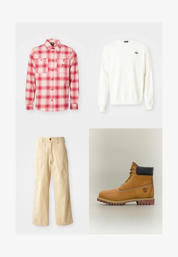 Biely pletený sveter s dlhým rukávom a okrúhlym výstrihom, na ľavej hornej strane hrude sa nachádza malé čierne logo Dickies.; Červená a biela károvaná flanelová košeľa s dlhými rukávmi, zapínanie na gombíky vpredu, dve náprsné vrecká a štítok na ľavej strane. Mäkká textura.; Bežové široké nohavice vyrobené z bavlny. Majú vysoký pás, dve predné vrecká s plochým dizajnom a jediné zapínanie na gombík.; Hnedá kožená členková členková obuv s čiernym golierom, žltými šnúrkami a béžovou podrážkou. Má logo a biele prešívanie. Hrubá podrážka s dobrým záberom.