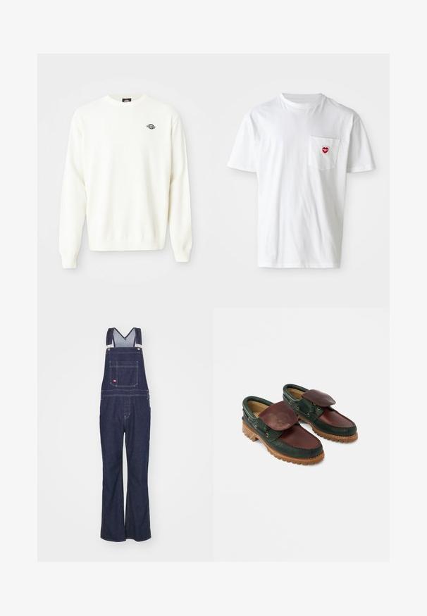 Biely pletený sveter s dlhým rukávom a okrúhlym výstrihom, na ľavej hornej strane hrude sa nachádza malé čierne logo Dickies.; Biela bavlnená tričko s okrúhlym výstrihom a krátkymi rukávmi. Na ľavej strane na vrecku na hrudi sa nachádza malé červené srdiečko.; Dickies CLASSIC - Džínsy s rovným strihom - rinsed; Kožené topánky s tmavozeleným telom a burgundským vrchom, okrúhlym špičkou, zapínacou chlopňou a textúrovanou gumovou podrážkou s ryhami.