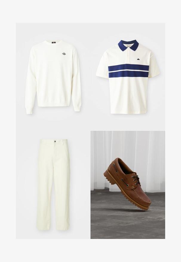 Weißer, langer Strickpullover mit Rundhalsausschnitt und kleinem schwarzen Dickies-Logo auf der linken oberen Brust.; Weißes Poloshirt mit marineblauen Streifen über der Brust und am Kragen. Hat kurze Ärmel und ein kleines Logo auf der linken Seite in der Nähe des Kragens.; Helle gelbe Baumwollhose mit geradem Bein, Frontknopfverschluss, Gürtelschlaufen und einem schlichten, minimalistischen Design.; Brauner Leder-Bootsschuh mit schwarzen Schnürsenkeln, beigen Nähten und einer robusten Sohle, schwebt über einem grauen Betonboden.