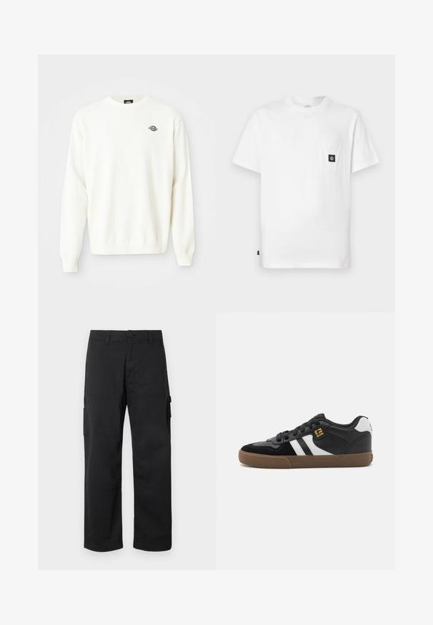 Weißer, langer Strickpullover mit Rundhalsausschnitt und kleinem schwarzen Dickies-Logo auf der linken oberen Brust.; Weißes Baumwoll-T-Shirt mit Rundhalsausschnitt, kurzen Ärmeln und einer Brusttasche mit schwarzem Logo-Patch. Glatte Textur, lockere Passform.; Schwarze Cargo-Hosen mit geradem Bein, mehreren Seitentaschen und einem Knopfverschluss. Hergestellt aus strapazierfähigem, leichtem Stoff.; Schwarz-weiße Sneakers mit einem Obermaterial aus Wildleder und Leder, ausgestattet mit weißen Streifen, schwarzen Schnürsenkeln und einer braunen Gummisohle. Mit goldenen Logo-Akzenten.