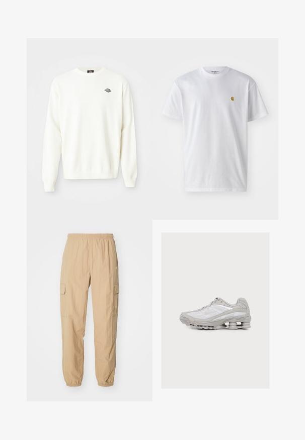 Weißer, langer Strickpullover mit Rundhalsausschnitt und kleinem schwarzen Dickies-Logo auf der linken oberen Brust.; Weißes Baumwoll-T-Shirt mit kurzen Ärmeln, Rundhalsausschnitt, mit einem kleinen goldenen Logo im linken Brustbereich. Weicher Stoff und normale Passform.; Beige Cargo-Hosen aus leichtem Stoff, mit einem elastischen Bund, zwei Seitentaschen und elastischen Bündchen an den Knöcheln.; Hellgrauer und weißer Sportschuh mit sichtbarer federartiger Dämpfung in der Sohle und einem Obermaterial aus Mesh-Gewebe.