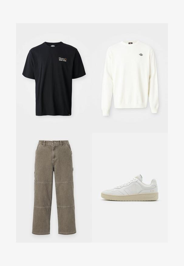 Witte lange mouw gebreide trui met ronde hals en klein zwart Dickies-logo op de bovenkant van de linkerborst.; Zwarte katoenen T-shirt met korte mouwen. Bevat een geborduurd logo "Dickies Donut House" op de linker borst. Klassiek crew neck ontwerp.; Katoenen cargobroek in gedempt olijfgroen met brede pijpen, dubbele stiksels, en zijzakken, voorzien van een knoopsluiting en riemlussen.; Witte leren sneakers met een gestructureerde afwerking en een gevoerde kraag. Voorzien van een beige rubberen zool en subtiele branding op de hiel en zijkant.