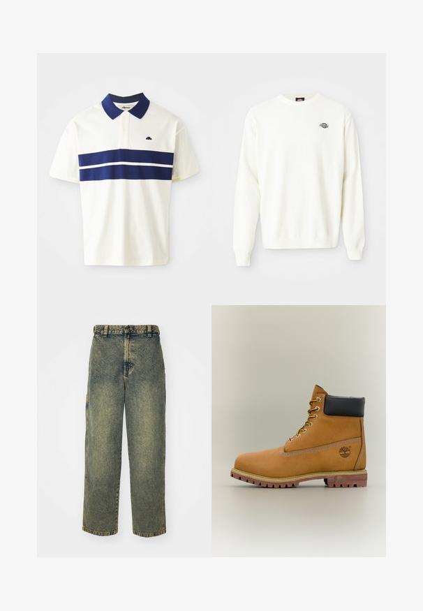 Pull en maille blanc à manches longues avec col ras du cou et petit logo noir Dickies sur le haut à gauche de la poitrine.; T-shirt polo blanc avec des rayures marines sur la poitrine et le col. Il a des manches courtes et un petit logo sur le côté gauche près du col.; Jeans en denim ample avec un délavage bleu et vert. Comprend une fermeture à bouton, des passants de ceinture et des poches latérales. Pas de pli à l'avant et design à jambe droite.; Bottine en cuir marron avec col noir, lacets jaunes et semelle beige. Présente un logo et des détails de couture blanche. Semelle extérieure à traction robuste.