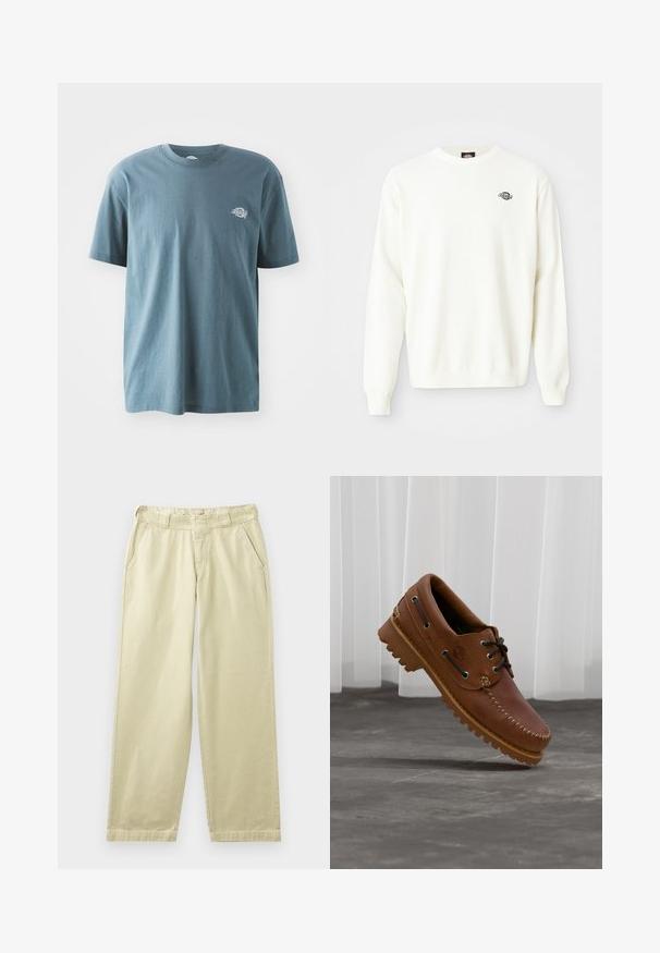 Suéter de punto blanco de manga larga con cuello redondo y pequeño logo negro de Dickies en la parte superior izquierda del pecho.; Camiseta de algodón azul con mangas cortas y cuello redondo. Presenta un pequeño logotipo bordado en el lado izquierdo del pecho. Textura suave y corte holgado.; Pantalones de algodón beige con un corte relajado, que cuentan con bolsillos laterales, presillas para cinturón y piernas rectas. Textura suave con detalles mínimos de costura.; Zapato náutico de cuero marrón con cordones negros, costuras beige y una suela resistente, suspendido sobre un suelo de hormigón gris.
