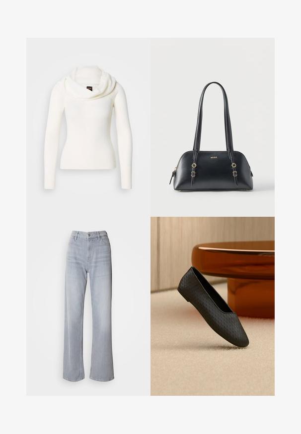 Suéter blanco de manga larga con cuello vuelto. Hecho de un tejido suave y texturizado. Presenta una silueta ajustada para un aspecto elegante.; Jeans de pernera ancha en gris claro, con cintura alta, hechos de denim. Presentan bolsillos frontales, cremallera y un leve desvanecimiento por toda la prenda.; Zapato plano negro texturizado tipo slip-on flotando sobre una alfombra beige cerca de una base de mesa redonda de color ámbar.; Bolso de mano de cuero negro con detalles dorados, doble asa y logo "HUGO" en la parte frontal, sobre un fondo blanco liso.
