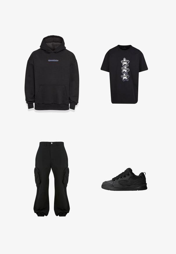 Sweatshirt à capuche noir en tissu en mélange de coton. Il comporte une poche frontale et un logo en bleu et rouge. Poignets et ourlet côtelés.; T-shirt noir en coton avec trois étoiles empilées en argent et gris avec des contours, présentant une coupe décontractée et un col ras du cou.; Pantalons cargo noirs avec une coupe décontractée, dotés de deux poches cargo latérales, de poignets élastiques aux chevilles et d'une fermeture à bouton à la taille.; Baskets noires avec une tige texturée, dotées de lacets, d'accents en mesh pour la respirabilité, d'un col rembourré et d'une semelle extérieure robuste.