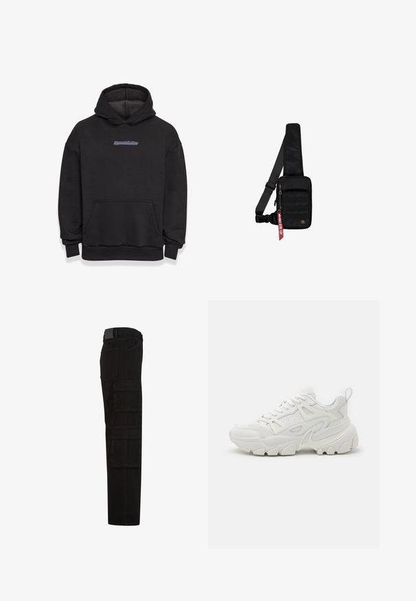 Sweatshirt à capuche noir en tissu en mélange de coton. Il comporte une poche frontale et un logo en bleu et rouge. Poignets et ourlet côtelés.; Pantalon cargo noir avec plusieurs grandes poches à rabat, passants de ceinture, et une coupe droite, vu de côté.; Des baskets de sport blanches avec une tige texturée, des panneaux en maille, une semelle en caoutchouc proéminente et des découpes décoratives sur les côtés.; Sac bandoulière noir en tissu texturé. Comprend un compartiment principal à fermeture éclair, une poche avant avec sangle, une bandoulière réglable et une étiquette décorative.
