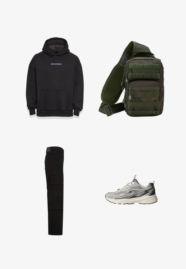 Schwarzer Kapuzenpullover aus einem Baumwollmischgewebe. Verfügt über eine vordere Tasche und ein Logo in Blau und Rot. Gerippte Bündchen und Saum.; Schwarze Cargohose mit mehreren großen Überschlagtaschen, Gürtelschlaufen und geradem Beinanschnitt, seitlich dargestellt.; Graue Sportschuhe mit Mesh- und weichen Wildlederpaneelen, dicker cremefarbener Außensohle, rotem Akzent nahe der Ferse und weißen Schnürsenkeln, mit einem stromlinienförmigen Design.; Grüner Tarn-Sling-Rucksack mit mehreren Reißverschlusstaschen, einem verstellbaren Gurt und einem Netzrückenpaneel zur Belüftung.
