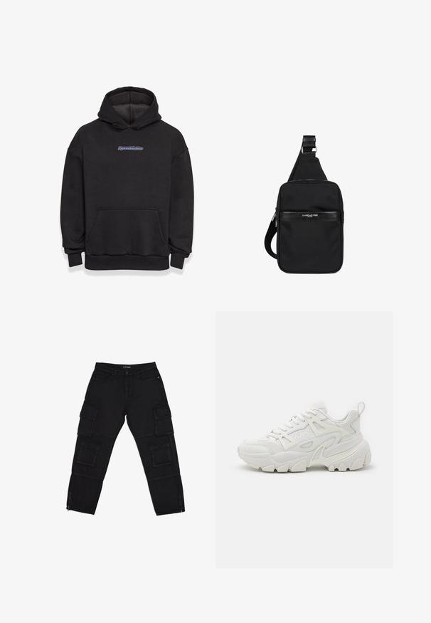 Sweatshirt à capuche noir en tissu en mélange de coton. Il comporte une poche frontale et un logo en bleu et rouge. Poignets et ourlet côtelés.; Pantalons cargo noirs en tissu durable, dotés de plusieurs poches cargo, de chevilles zippées et de jambes droites avec des détails de couture subtils.; Des baskets de sport blanches avec une tige texturée, des panneaux en maille, une semelle en caoutchouc proéminente et des découpes décoratives sur les côtés.; Sac à épaule noir en nylon avec un design plat, une sangle réglable, un accent en cuir texturé avec un logo, une fermeture éclair et une silhouette épurée.
