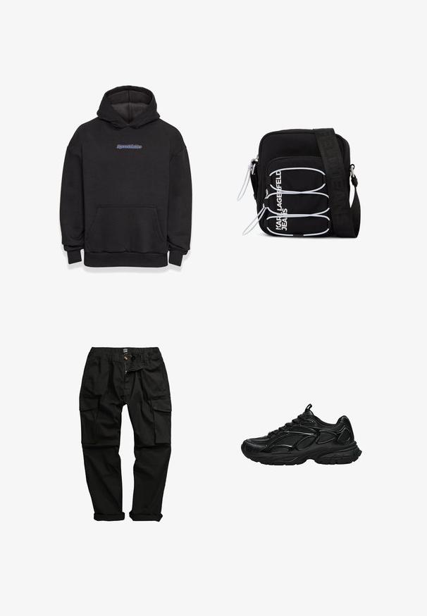 Sort hætte sweatshirt lavet af en blanding af bomuldsstof. Har en frontlomme og et logo i blå og rød. Ribbekanter ved håndleddene og kanten.; Sorte cargo-bukser lavet af bomuldsblanding. Funktioner inkluderer flere lommer, elastisk talje og en let indsnævret ben-design.; Sort atletiksko med mesh og syntetisk overdel, tyk polstret sål og snørebånd, vist fra siden på hvid baggrund.; Sort skuldertaske med hvide elastiske løkker, lynlåstræk og hvid "KARL LAGERFELD JEANS" tekst på frontlommen.