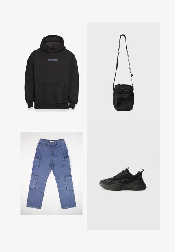 Schwarzer Kapuzenpullover aus einem Baumwollmischgewebe. Verfügt über eine vordere Tasche und ein Logo in Blau und Rot. Gerippte Bündchen und Saum.; Blaue Denim-Cargo-Hosen mit mehreren Seitentaschen, einem geraden Beindesign und einem klassischen Bund. Der Stoff hat eine leicht strukturierte Textur und ist leicht ausgebleicht.; Schwarze Sportschuhe mit einer runden Sohle, strukturiertem Obermaterial und gepolstertem Kragen. Verfügt über Schnürung, Zuglasche und geschichtete Designelemente.; Schwarze Umhängetasche mit verstellbarem Riemen, vorderer Reißverschlusstasche und geprägtem Logo auf der Vorderseite vor einfarbigem Hintergrund.