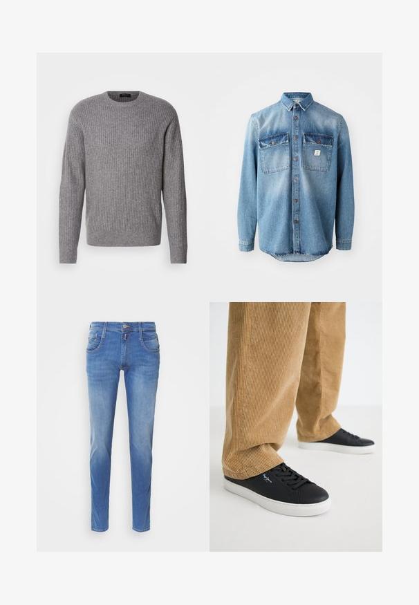 Grå ribbet sweater lavet af blødt stof, med en rund halsudskæring og lange ærmer, samt en ensartet tekstur hele vejen igennem.; Lyseblå denimskjorte med lange ærmer, to brystlommer, knaplukning foran og kontrasterende mørkere lommer. Har en rund spænding.; Blå denimjeans med slim fit. Har fem lommer, lukning med knap foran og let falming på benene. Lige benudskæring.; Sorte lædersneakers med hvide gummisåler. Båret med tanfarvede corduroybukser med vertikale ribber og en afslappet pasform.